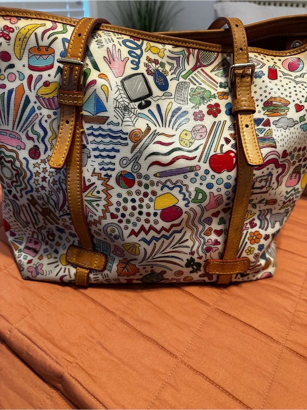 Dooney & Bourke White Multicolor Doodle Tote with Tan Leather Trim